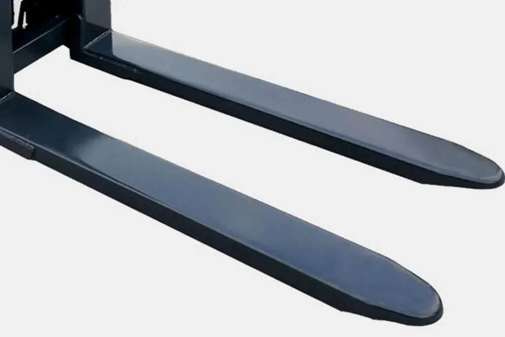 Black forks of electric pallet truck on white background