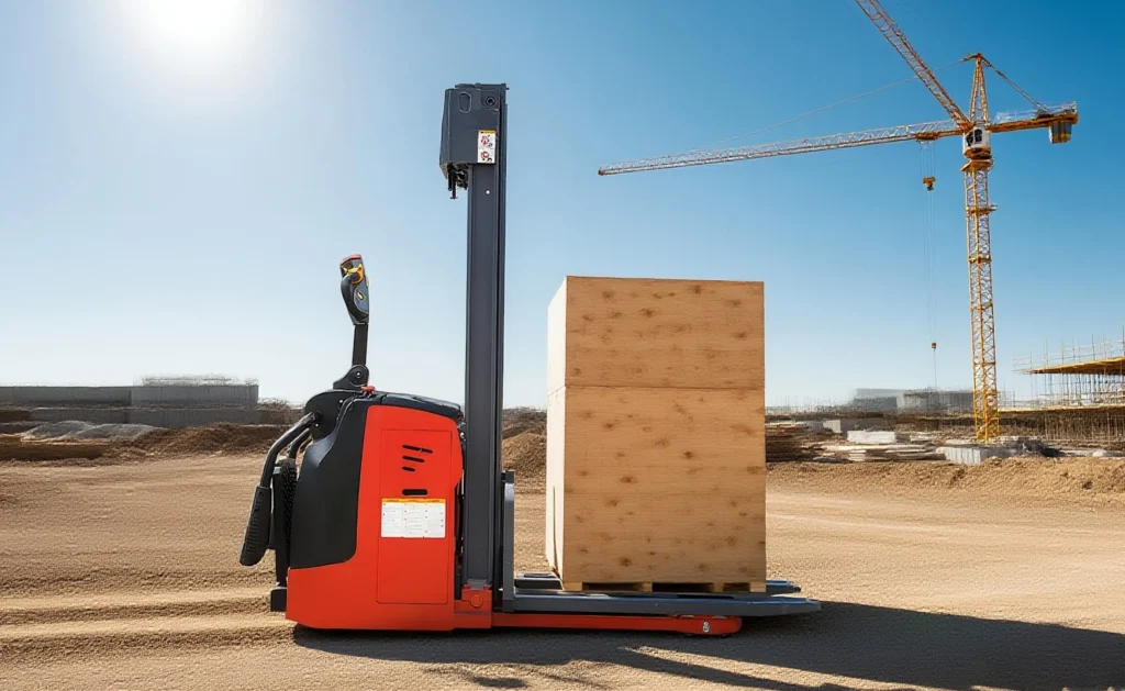 Electric pallet truck lifting wooden crate at construction site