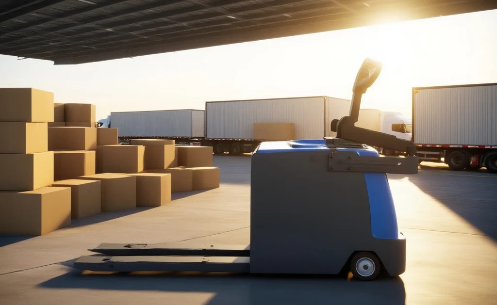Pallet truck operating in indoor logistics center with boxes