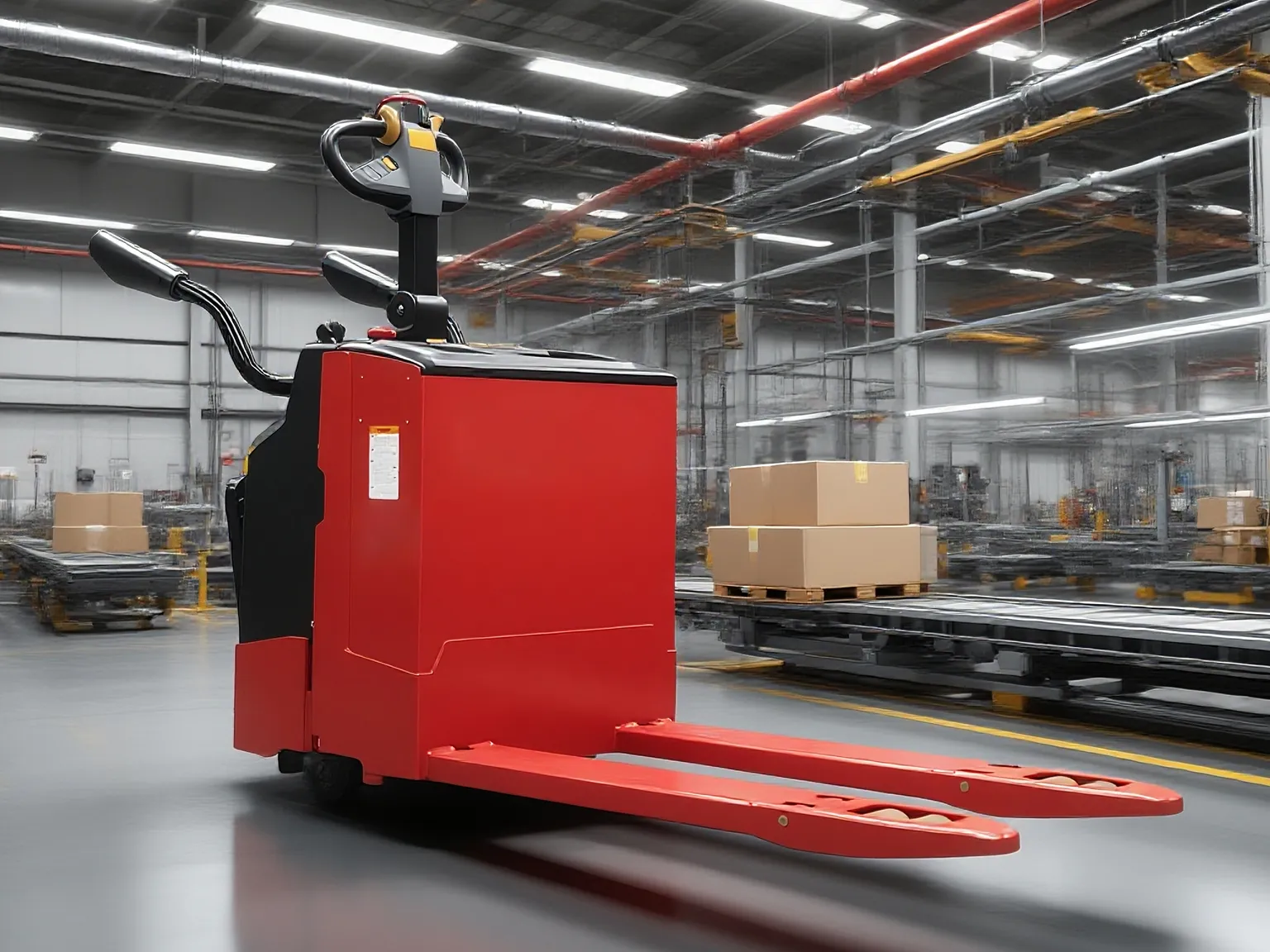 Rear-side view of red electric pallet jack in production facility