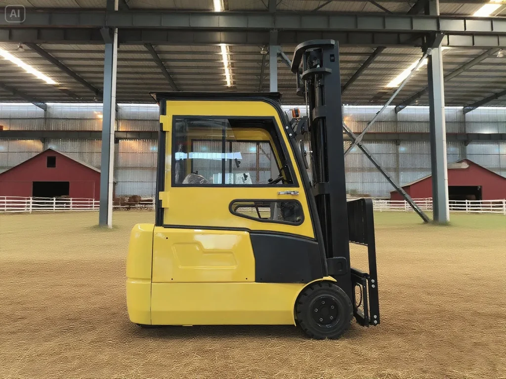 Electric forklift working at construction site loading area