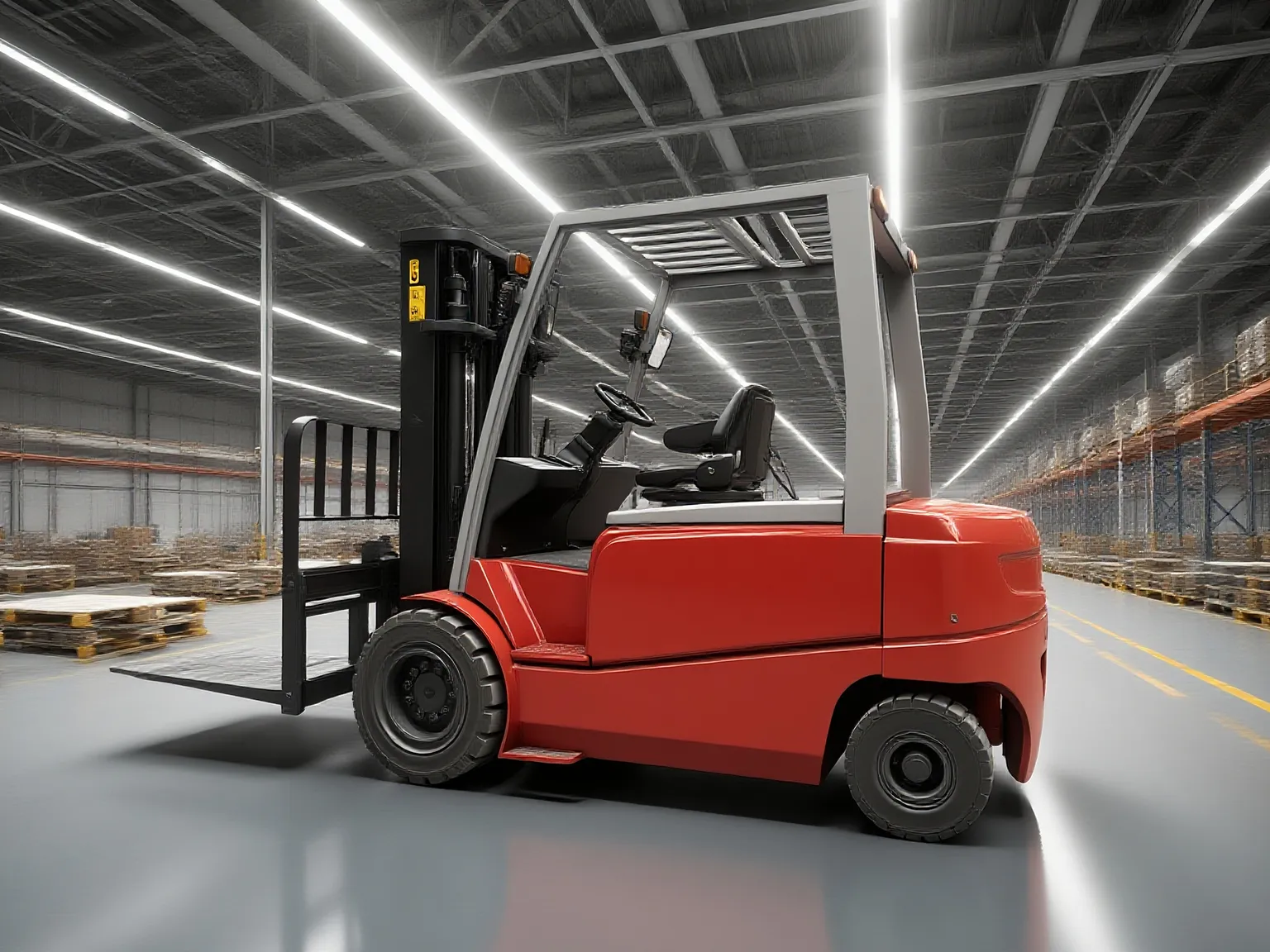 Operators using forklift in factory machining workshop