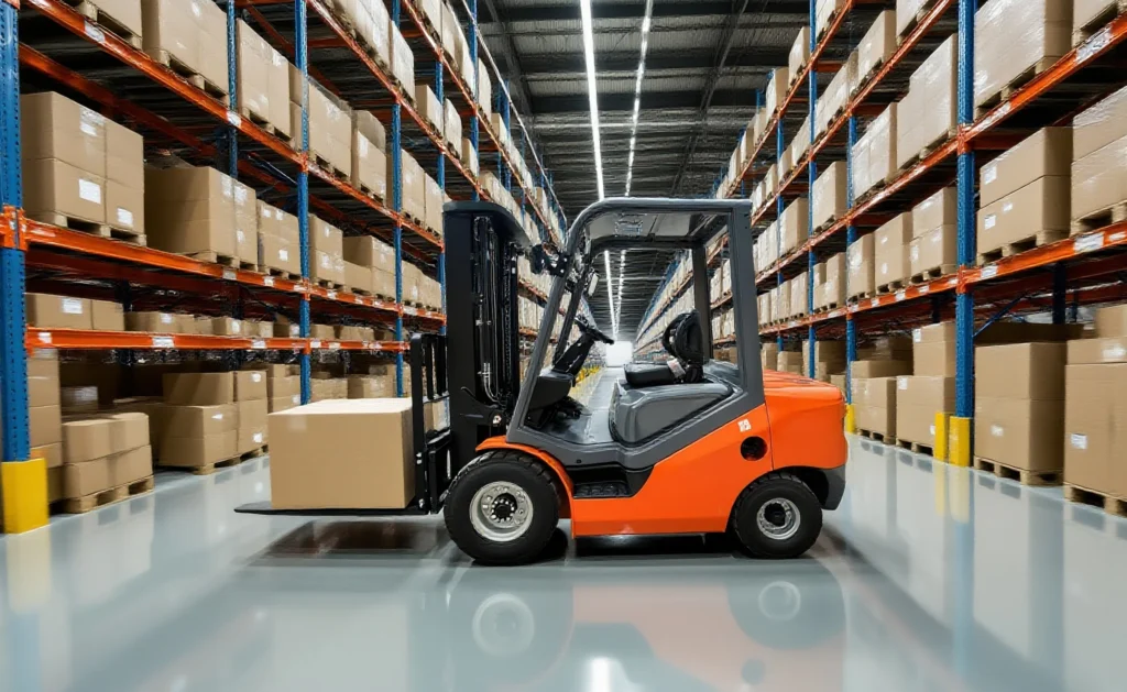 Red electric forklift working inside warehouse with racking