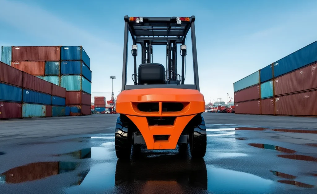Front view of forklift operating at shipping container yard