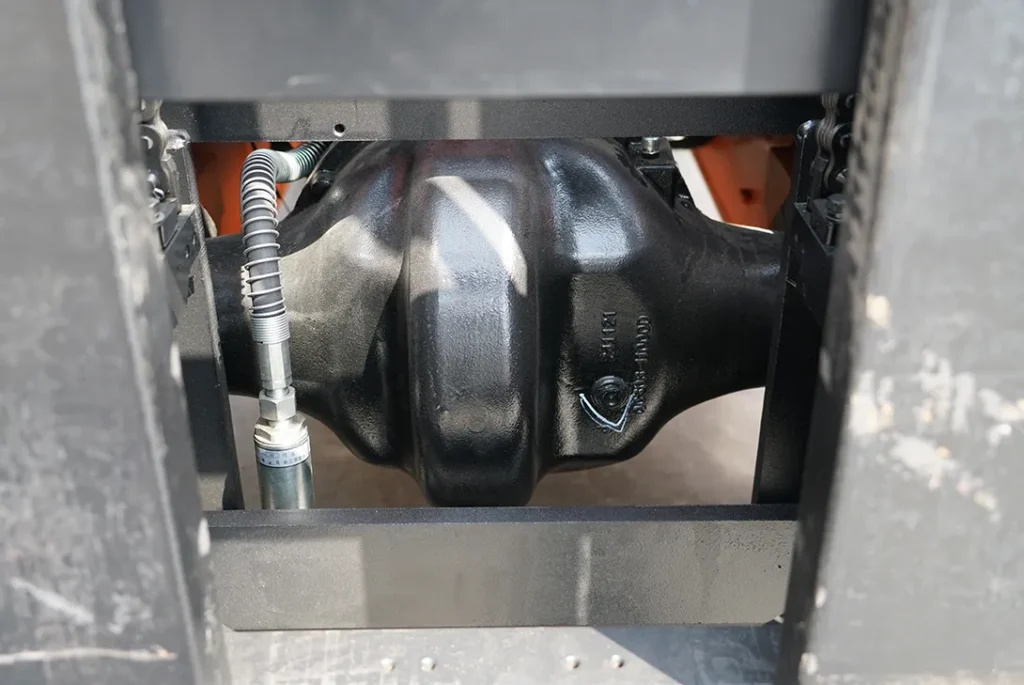 Underside view of forklift chassis showing towing hook