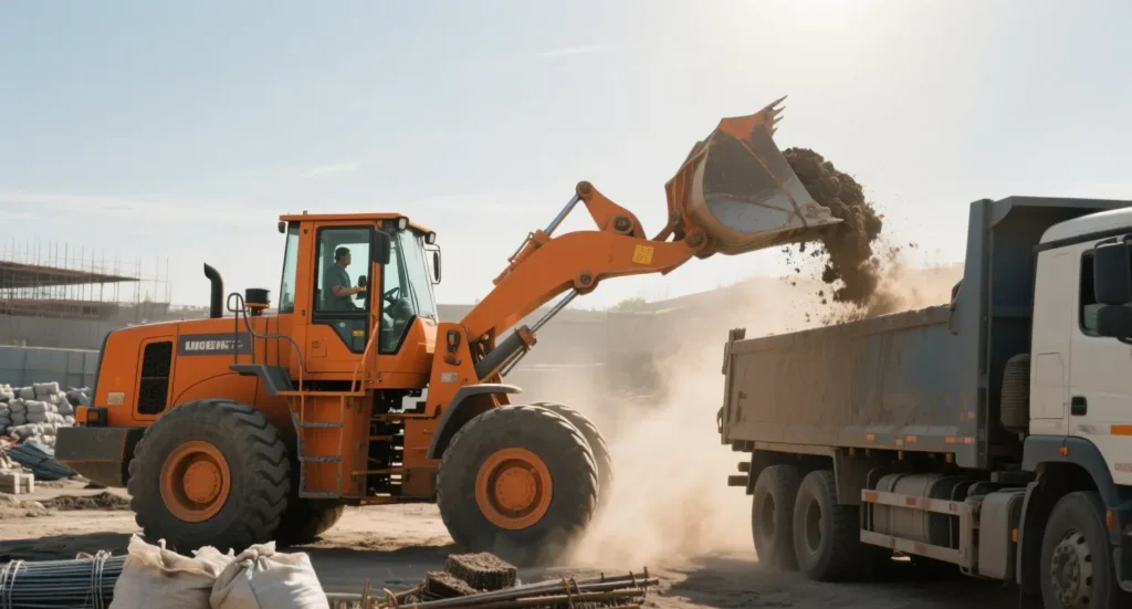 Compact wheel loader dumping soil into a truck on a construction site under clear skies.