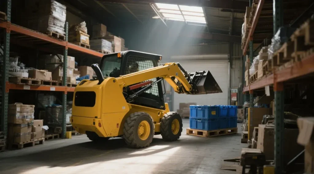 Skid steer loader operating indoors, moving pallets in a warehouse environment.