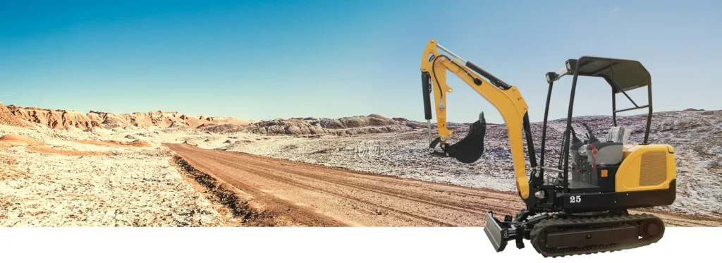 砂地の建設現場で働く25Kのミニショベルカー