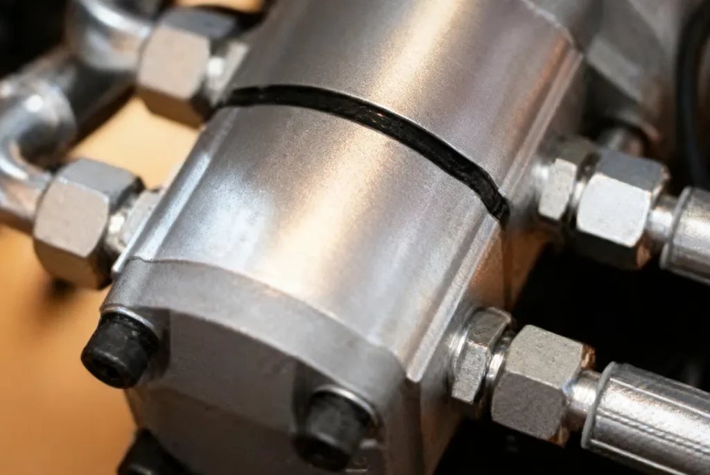 S360 skid steer loader hydraulic cylinder and steel joint close-up