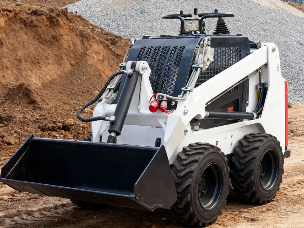 S360 skid steer loader operating on soil ground with full bucket