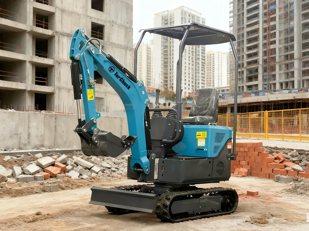10Q 小型挖掘机在城市建筑工地工作，车架结构紧凑