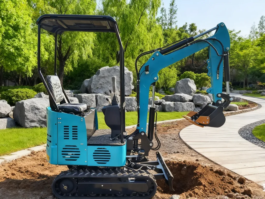 12K kompakter Minibagger beim Erdaushub im Landschaftsbau im Freien