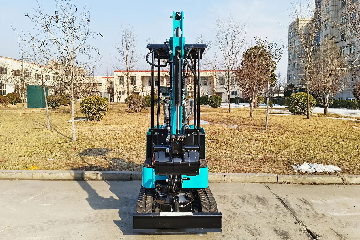 Rear view of 12K mini excavator highlighting compact chassis and counterweight design