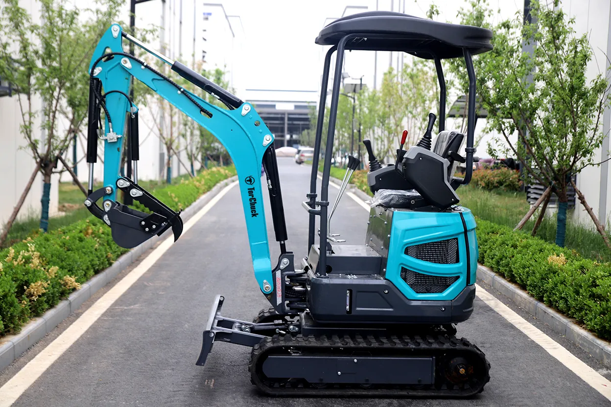 18Q mini excavator rear-left view with canopy and digging bucket