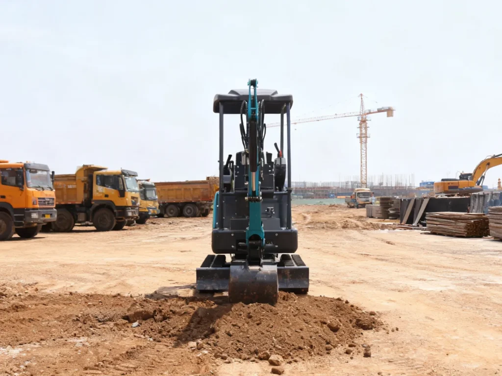 Miniescavadeira 18Q abrindo valas no canteiro de obras vista frontal