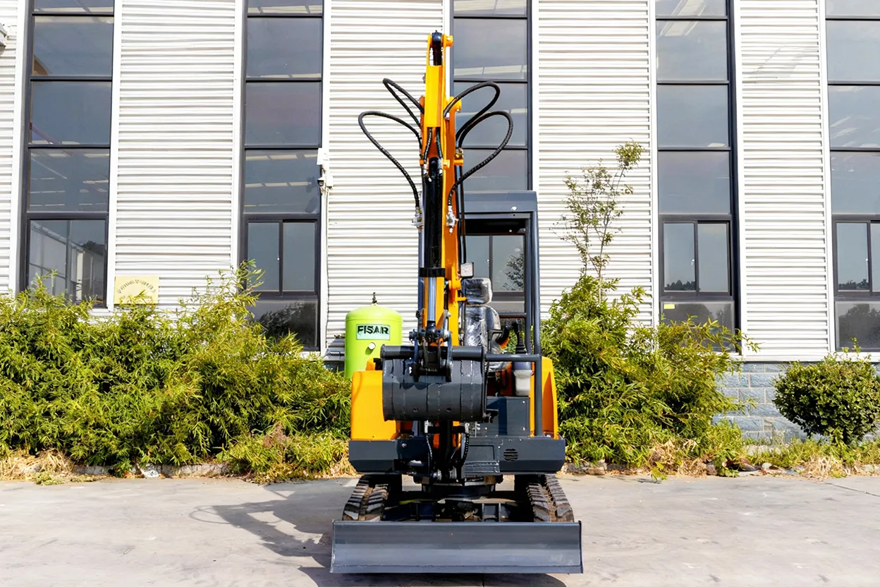 HT30 excavator front-right view in yard with modern facade