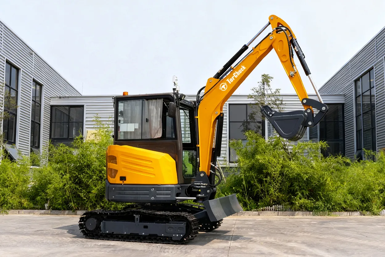 HT35 excavator left side view with cabin and long arm