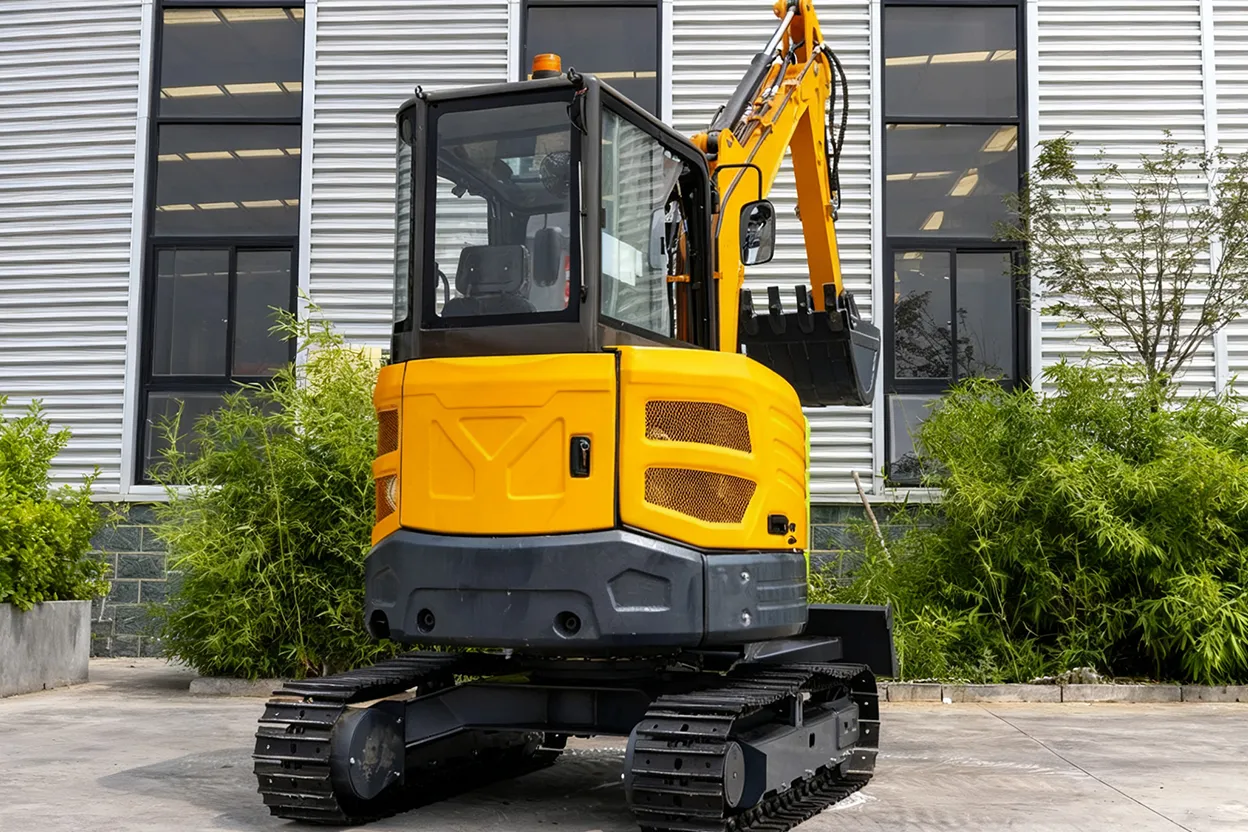 HT35 excavator rear-right view on paved yard