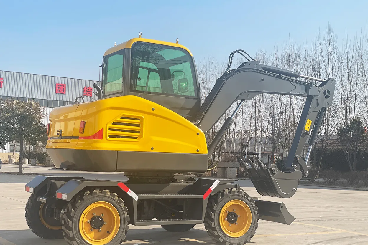 HT45 wheel excavator working position with arm extended on jobsite