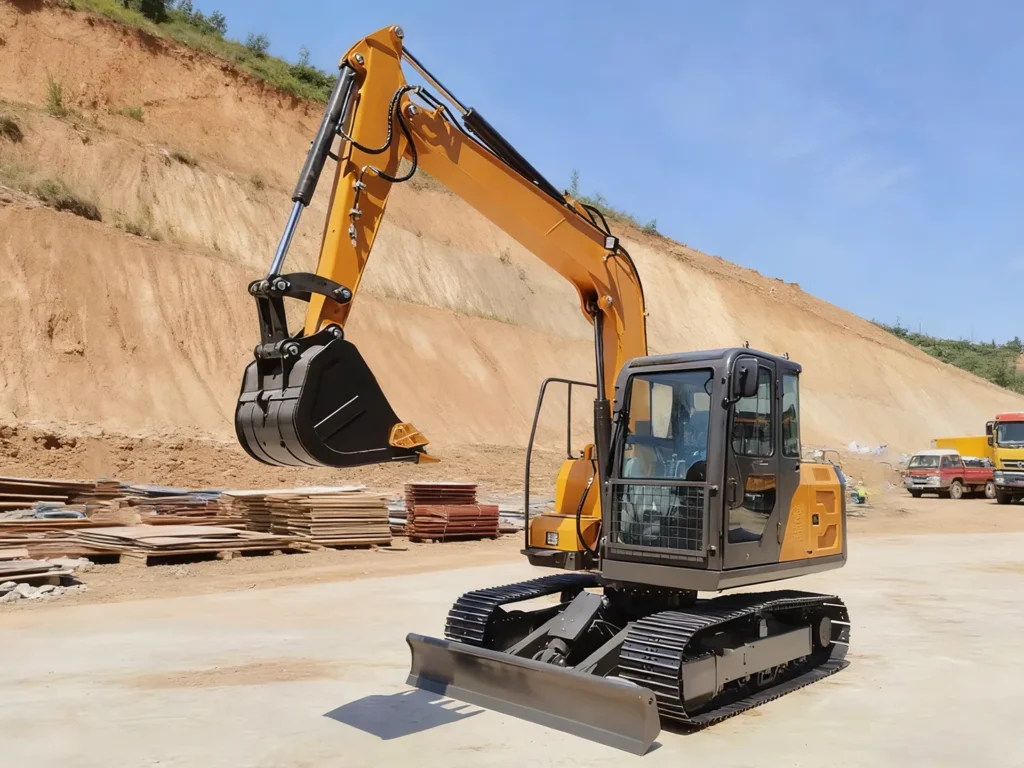 채석장 현장에서 경사면을 절삭하고 자재를 적재하는 HT75 굴삭기