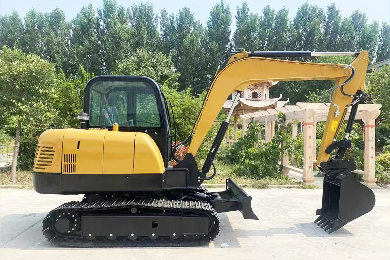 HT75 excavator right side view parked on site with green trees behind