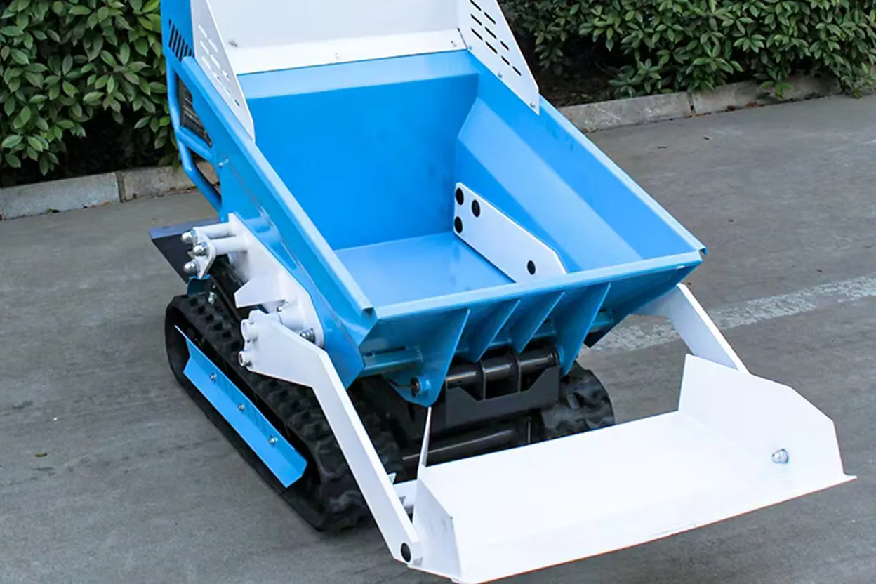 Front view of T500 mini crawler dump truck with compact body and wide bucket.