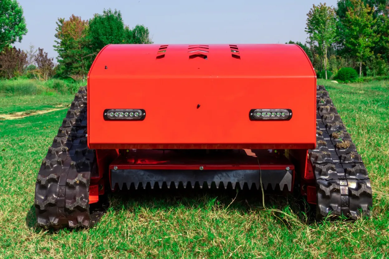 Front view of 550A remote-controlled tracked mower showing cutting deck