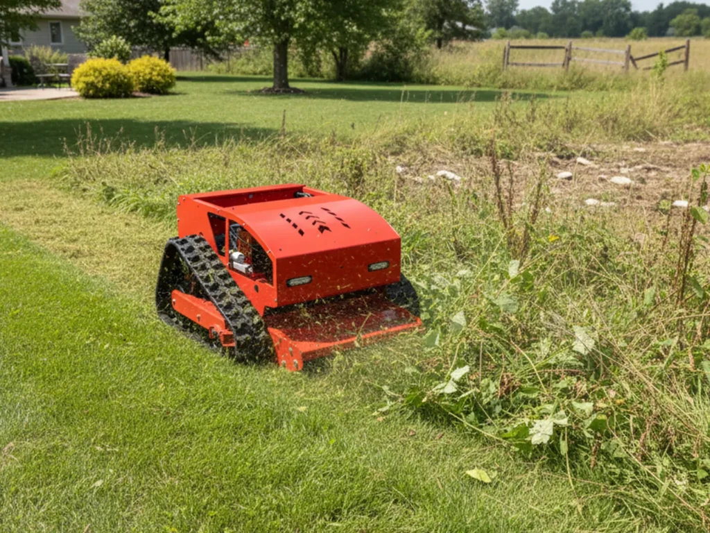550A remote mower cutting tall grass on uneven field