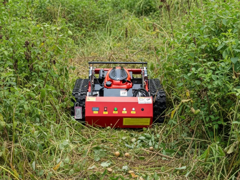 Гусеничная газонокосилка 80S расчищает густые сорняки на поле