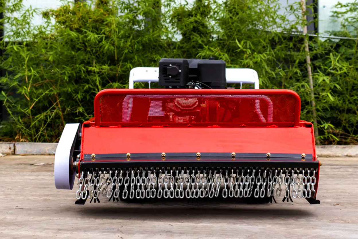 Rear view of 80S tracked remote lawn mower showing cutting deck