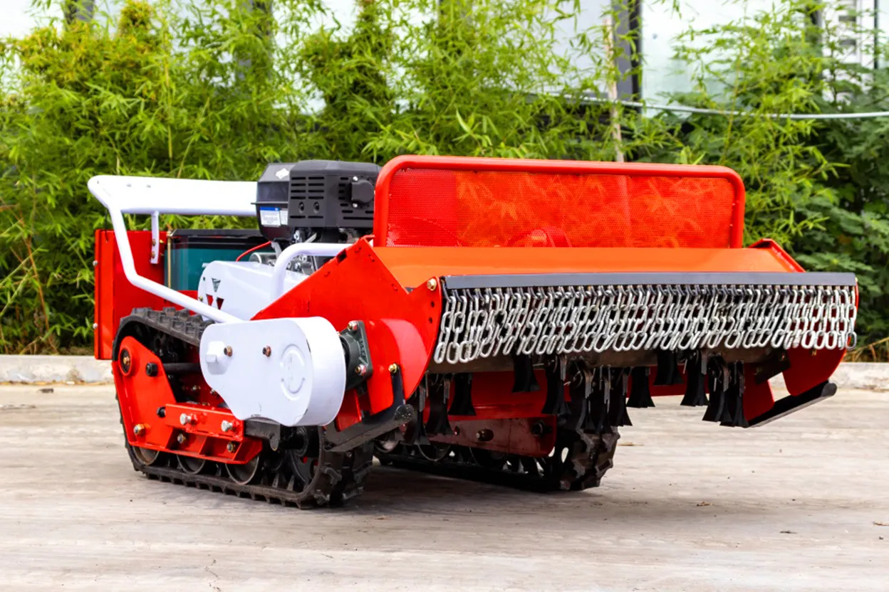 Left side view of 80S mower showing cutting deck and drive system