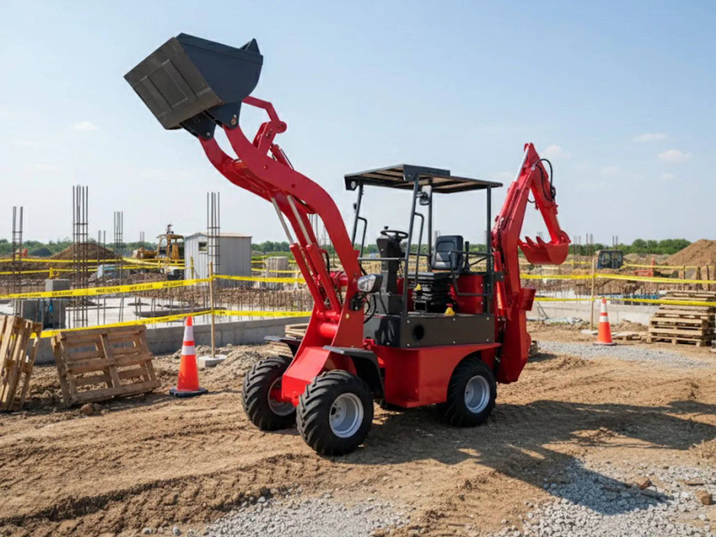 TC06-10 backhoe loader loading materials on an urban construction site