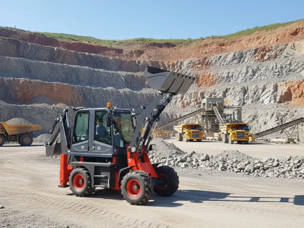 TC15-20A backhoe loader operating on stone quarry slope