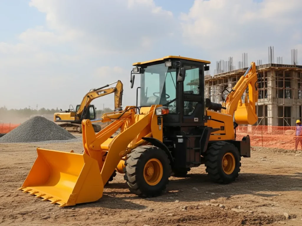 TCB 10-20 backhoe loader loading gravel on open construction site