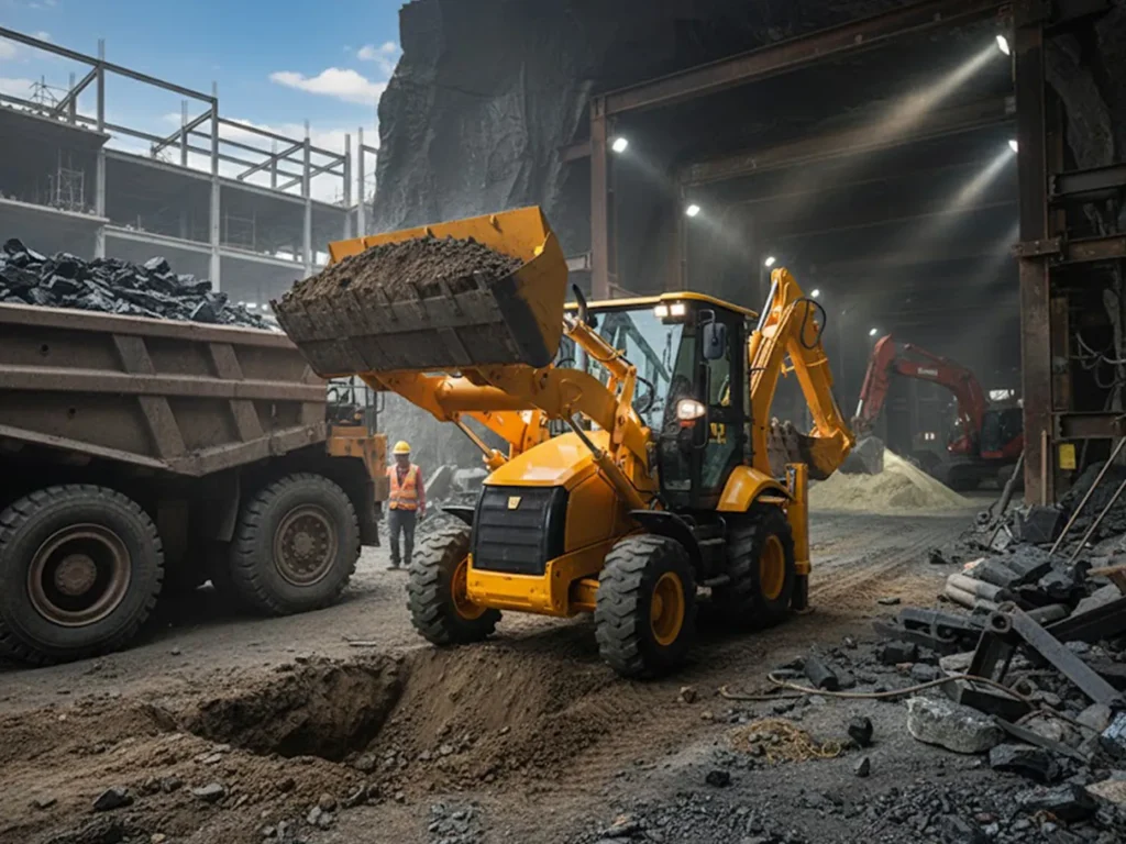 TCB 10-20 backhoe loader working in quarry, loading material into dump truck