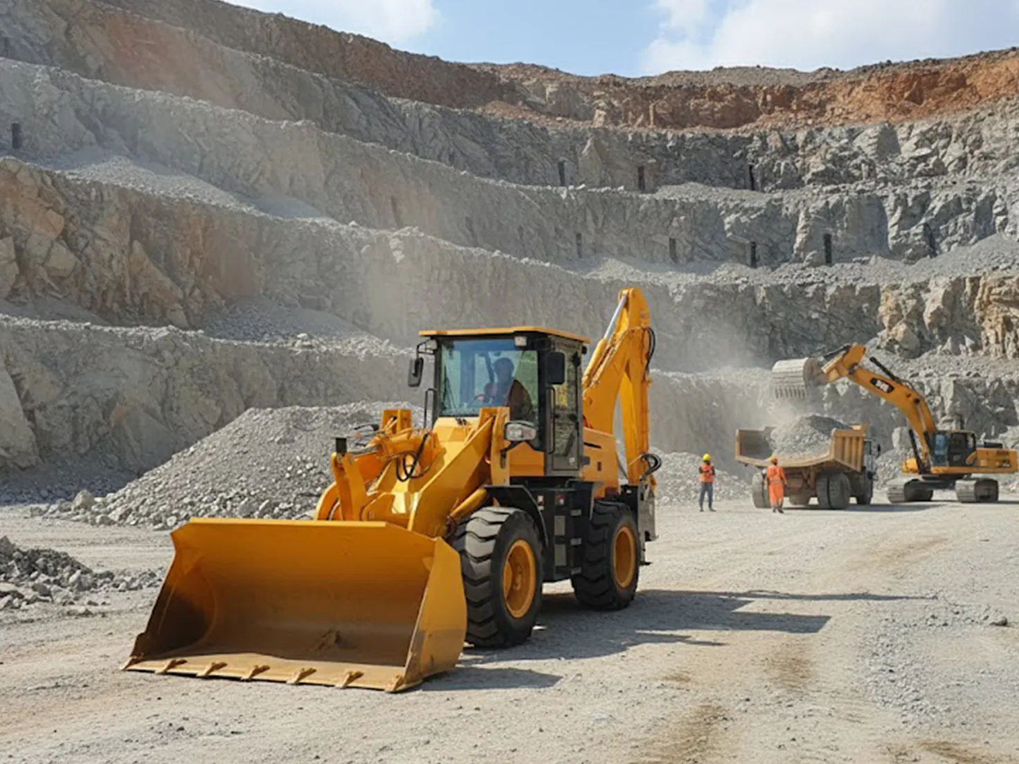 TCB 25-20 backhoe loader loading material in a quarry with dust and rock piles