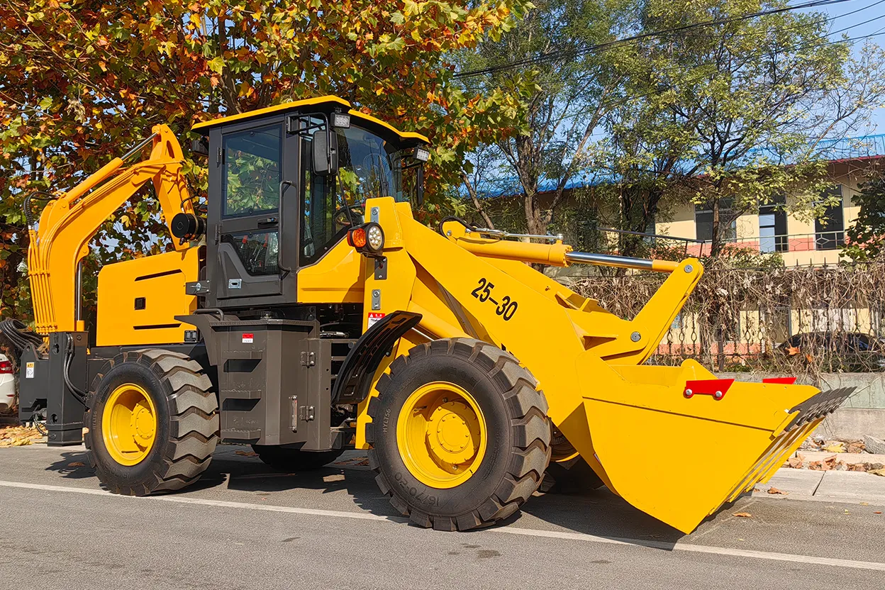 Side profile of TCB 25-20 backhoe loader parked on roadside with front bucket lowered