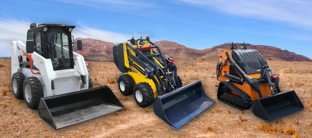 Skid loader, track loader ringkas, dan wheel loader ringkas diperlihatkan berdampingan untuk perbandingan ukuran dan undercarriage.