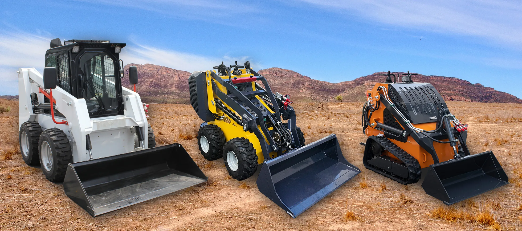 Skid loader, track loader ringkas, dan wheel loader ringkas diperlihatkan berdampingan untuk perbandingan ukuran dan undercarriage.