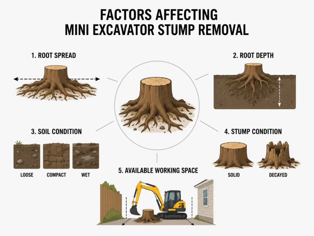 Root structure soil condition and access affecting mini excavator stump removal