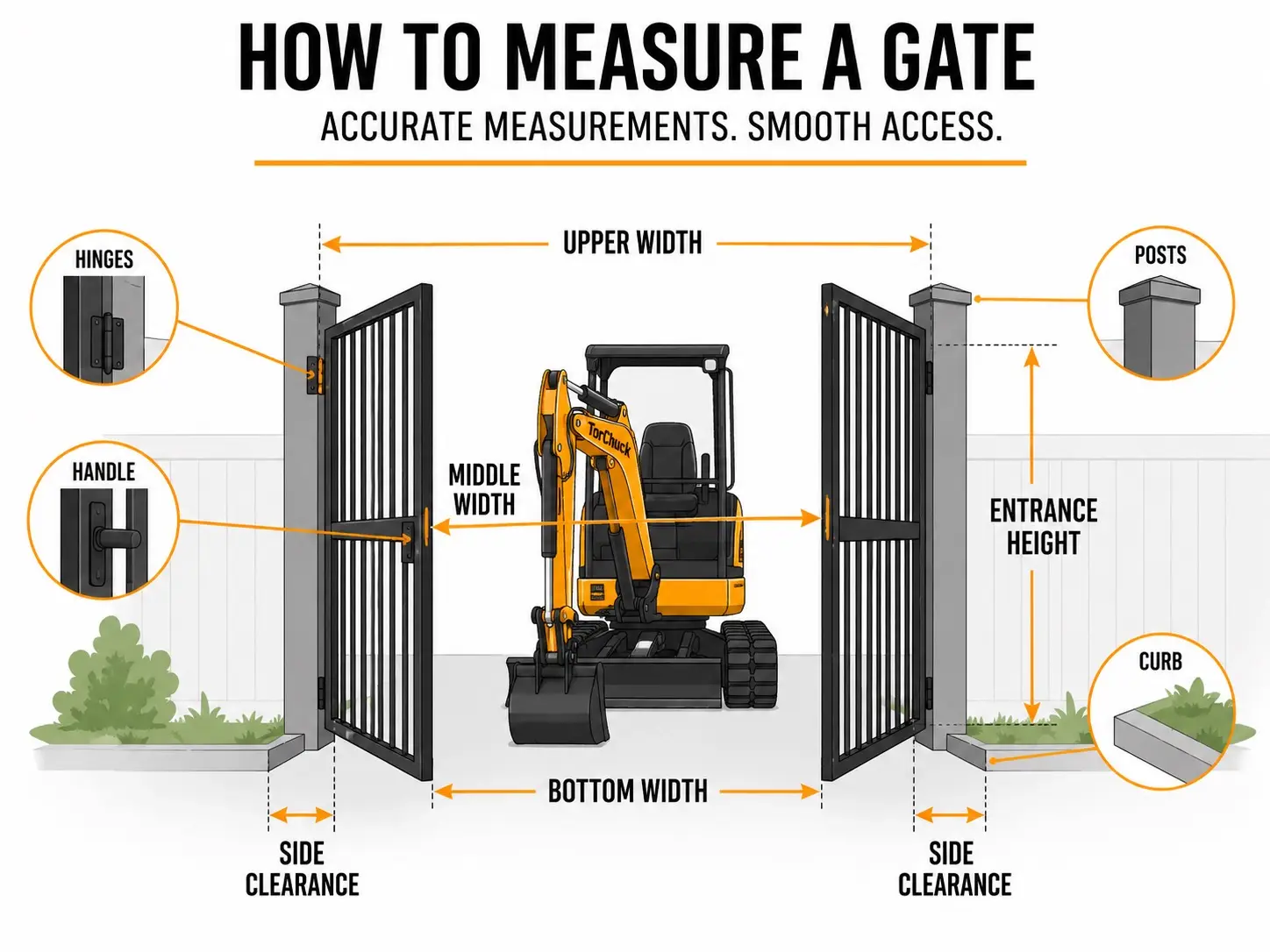 Diagram showing how to measure gate width and height for a mini excavator