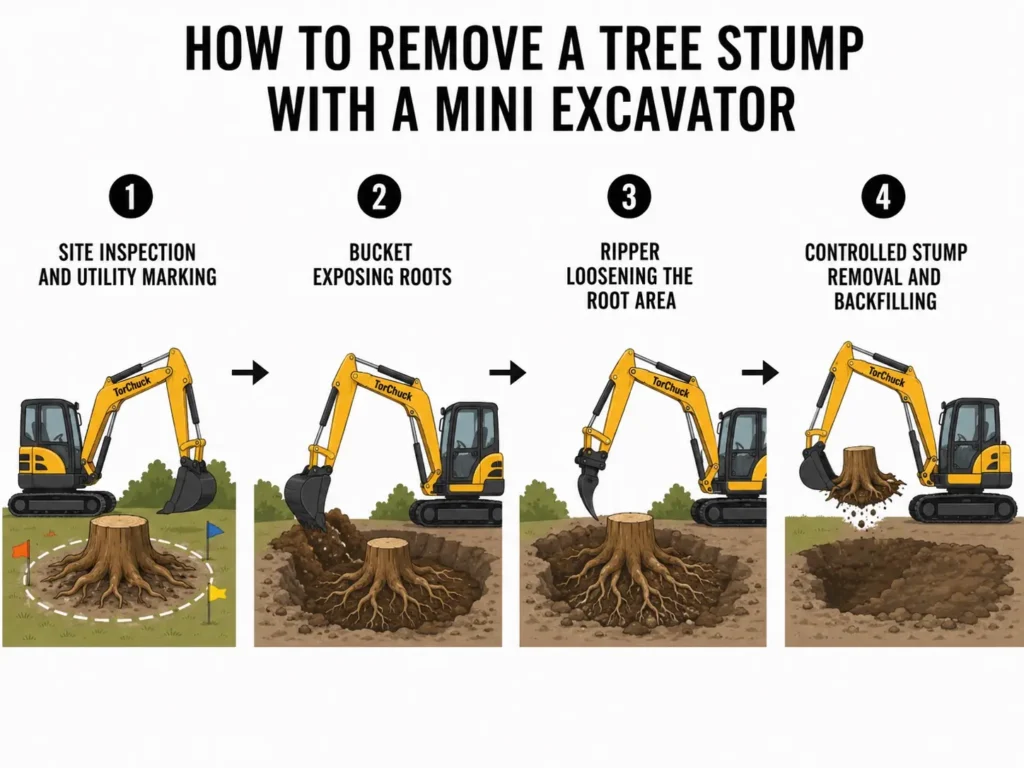 Four-stage tree stump removal process using a mini excavator