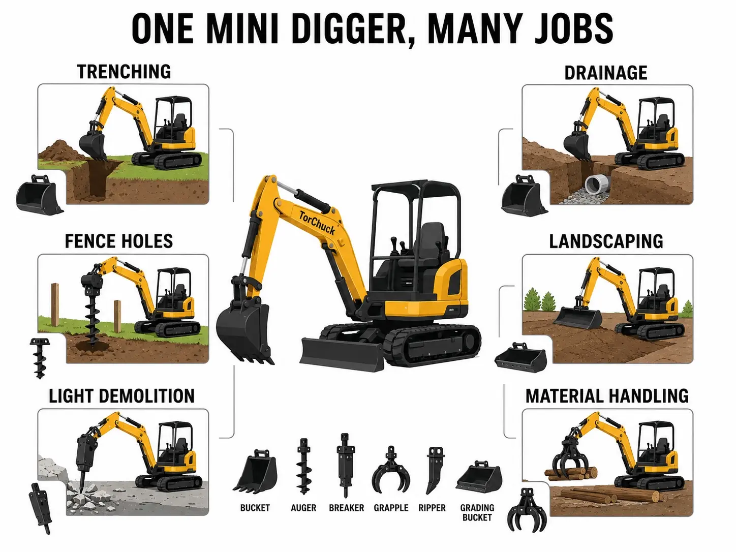 Mini digger attachments for trenching landscaping fencing and demolition