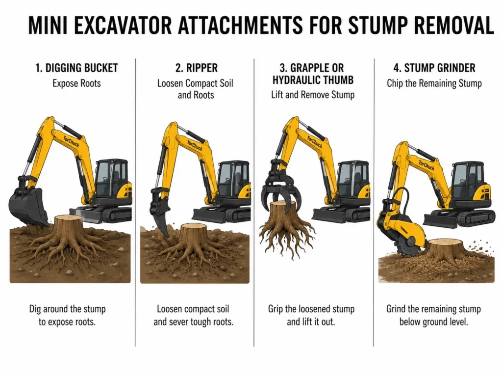 Bucket ripper grapple and stump grinder attachments for stump removal