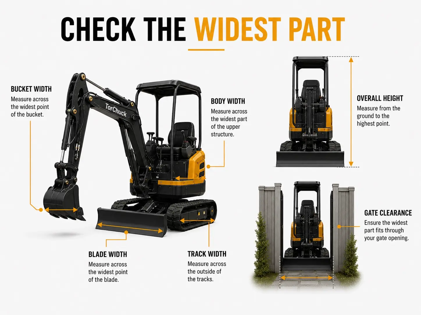 Torchuck mini excavator diagram showing overall width tracks blade and canopy