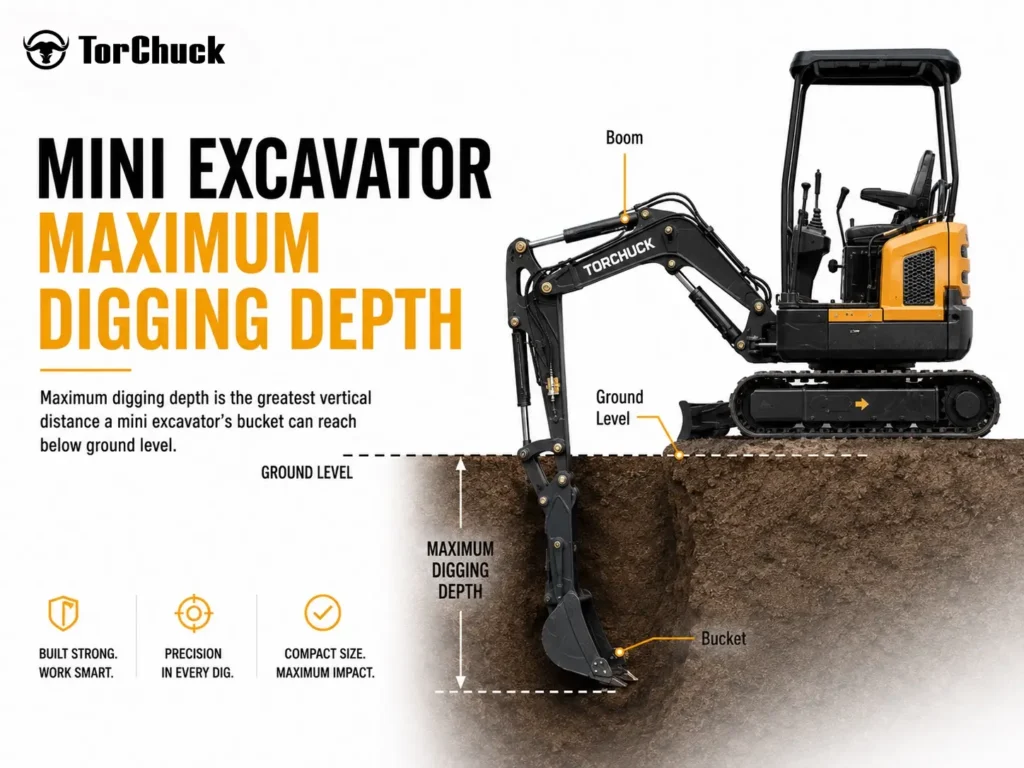 Diagram showing the maximum digging depth of a mini excavator