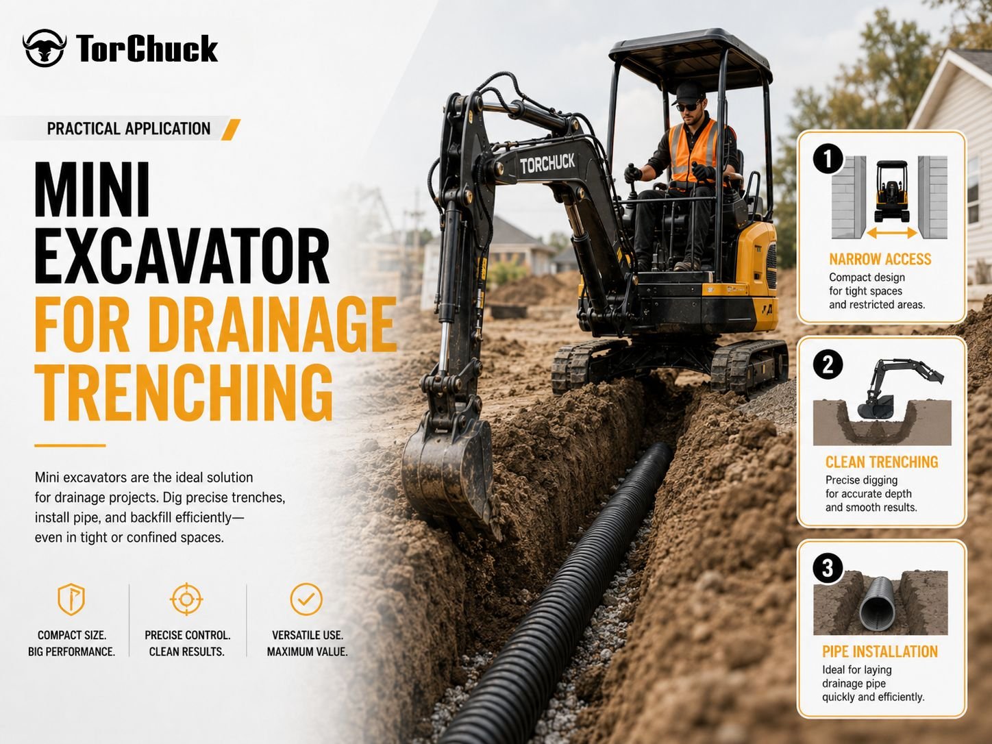Mini excavator digging a trench for drainage and utility installation