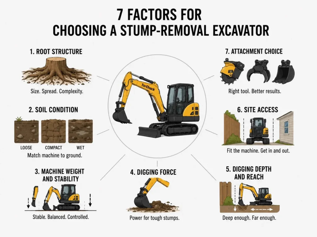 Seven factors for choosing a mini excavator for stump removal