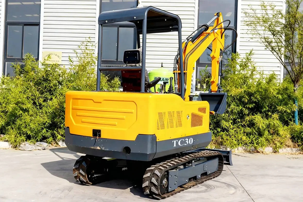 TC30 excavator rear view showing counterweight and rubber tracks