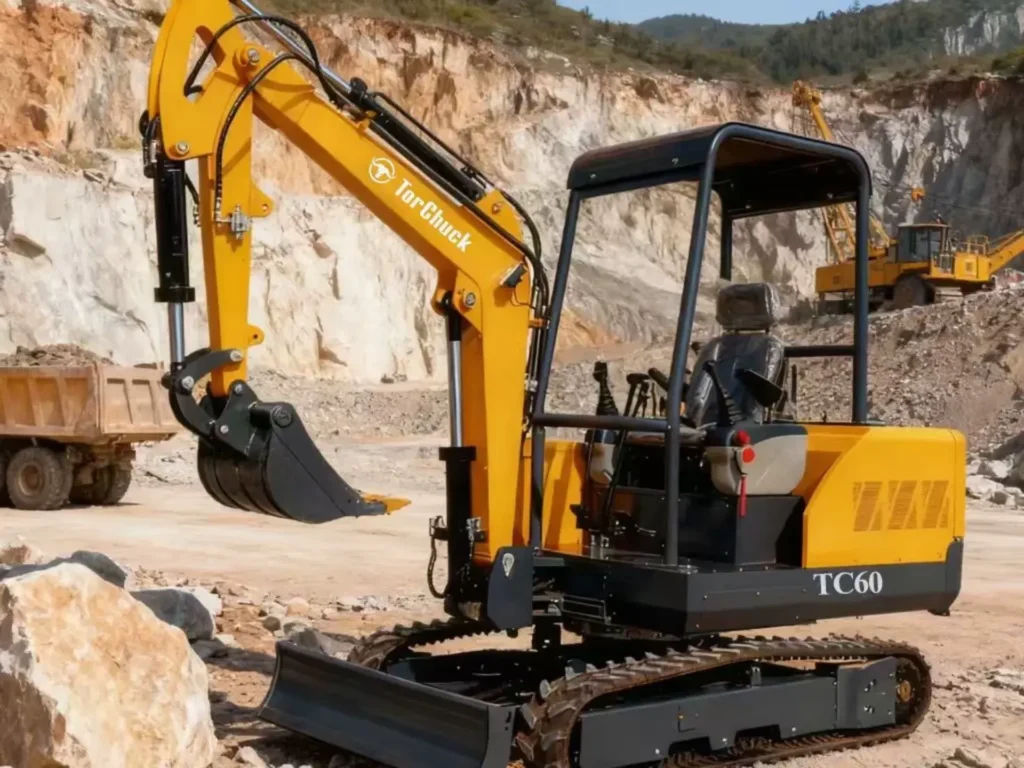 TC60 mini excavator trenching in quarry site side view